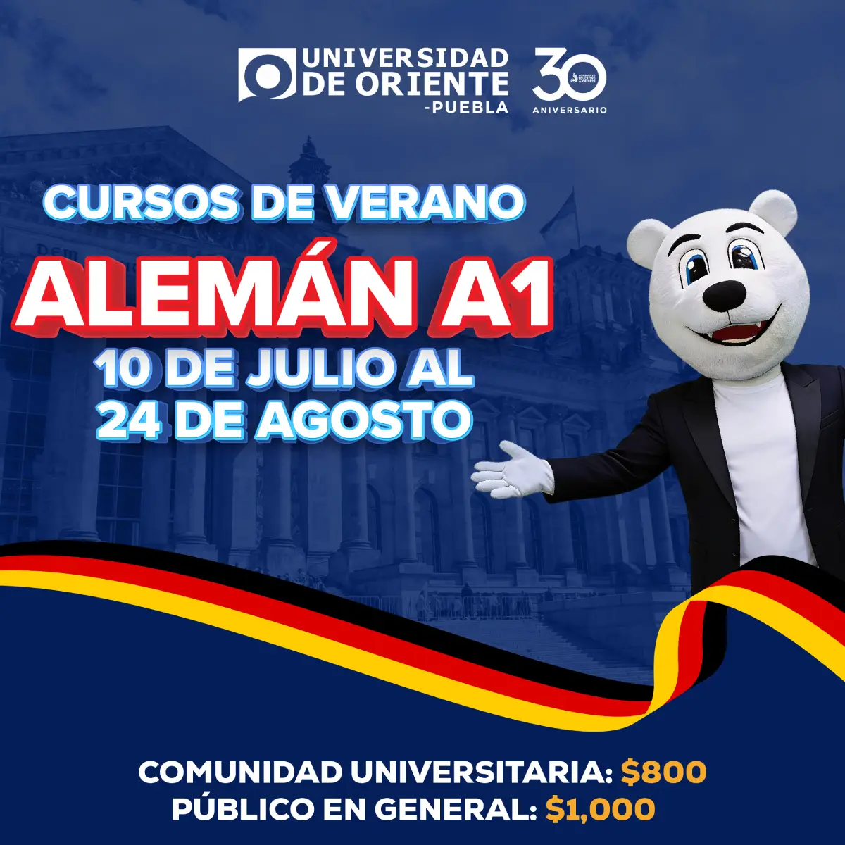Curso de verano de Alemán A1 en Universidad de Oriente Puebla, del 10 de julio al 24 de agosto de 2026