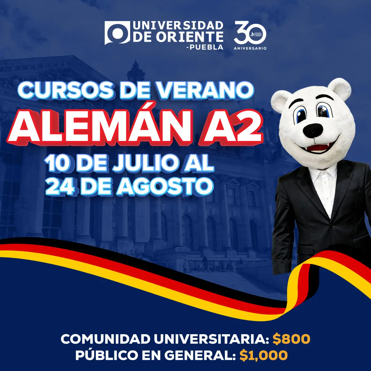 Curso de verano de Alemán A2 en Universidad de Oriente Puebla, del 10 de julio al 24 de agosto de 2026
