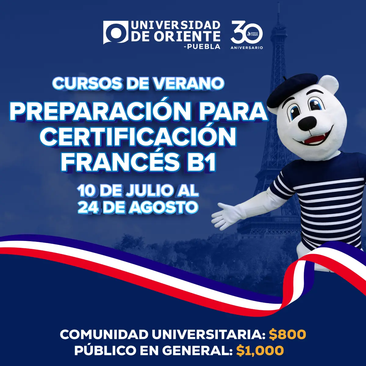 Curso de verano preparación para certificación Francés B1 en Universidad de Oriente Puebla, del 10 de julio al 24 de agosto de 2026